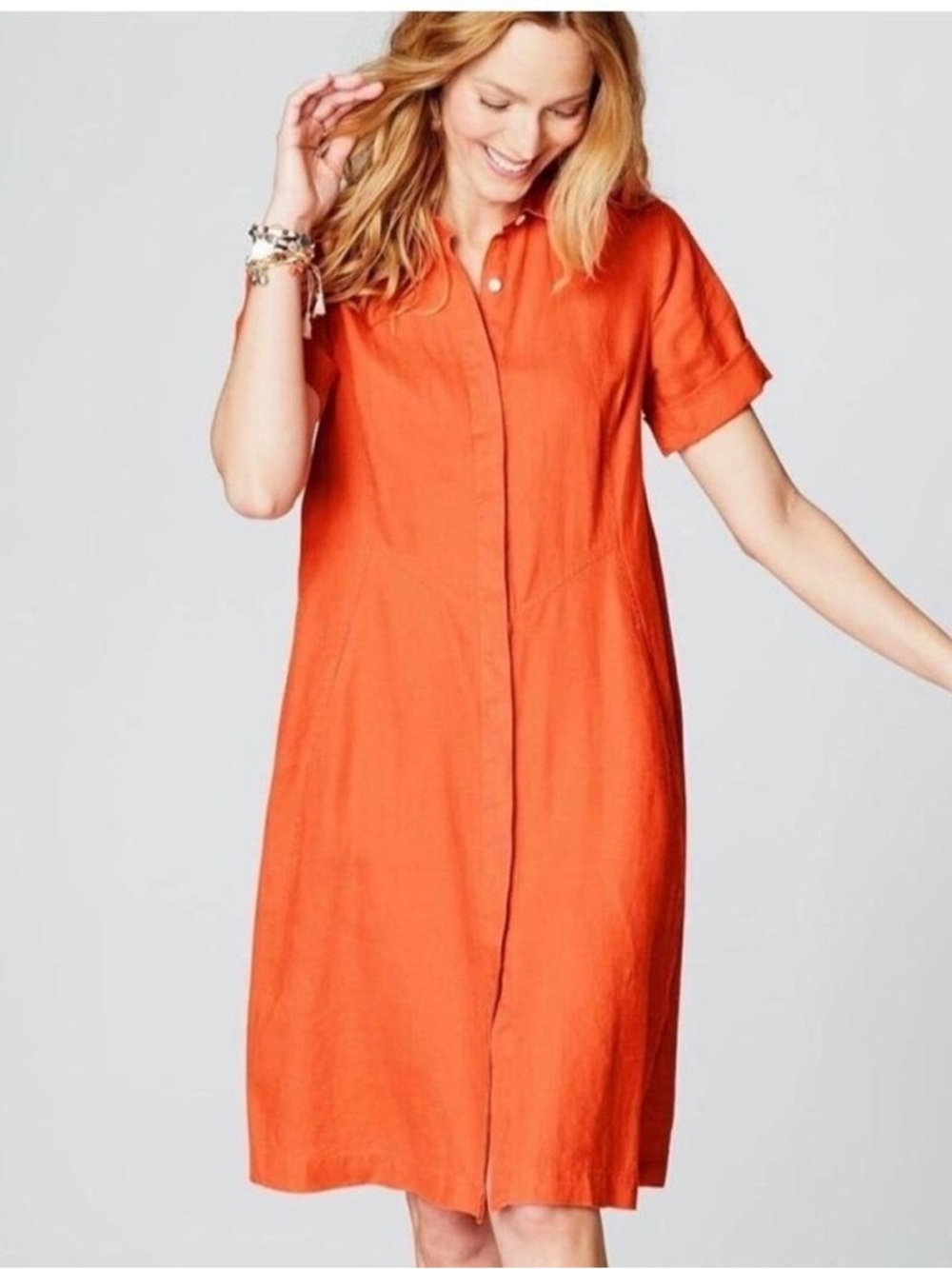 J. Jill Love Linen Short-Sleeve Button-Down Shirt Dress Orange Saffron, Small